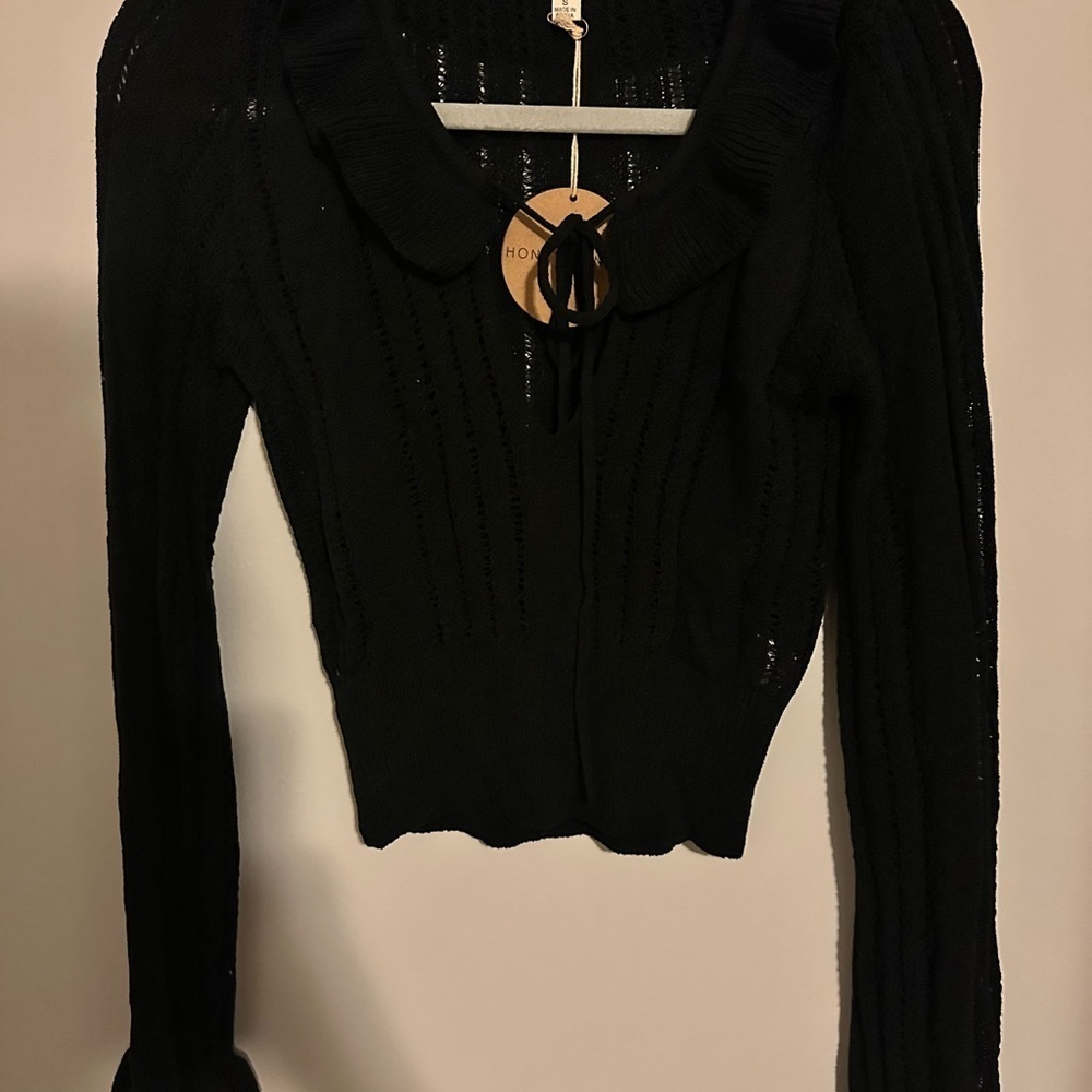 Honey Punch Black Knit Cardigan small tie cropped ruffle long sleeve NWT Y2K